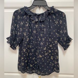Madewell Ruffle Collar Puff Sleeve Navy Tintype Flower Print Top Size XXS